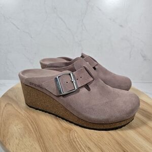 Papillio By Birkenstock Fanny Wedge Clog Women Sz 38 Pink Suede Slip-on Narrow